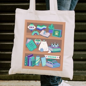 Gay Pride Bookshelf Canvas Tote Bag, Gay MLM Pride Flag Tote Bag, Bookish Gay Men Gifts, Gay Pride Books, Gay Reader Gifts, LGBT Books