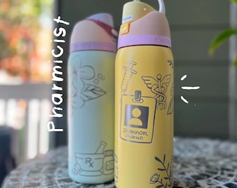 Pharmacist Custom Engraved 32oz Owala Water Bottle - Hand Drawn Design and Name