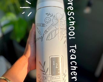 Preschool Kindergarten Custom Engraved 32oz Owala Water Bottle - Hand Drawn Design and Name
