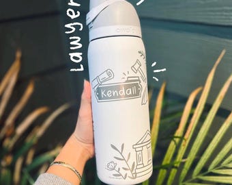 Lawyer Custom Engraved 32oz Owala Water Bottle - Hand Drawn Design and Name