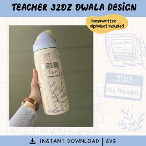 May include: A beige 32oz Owala water bottle with a teacher-themed design. The bottle features the text "Ms. Tran" on a name tag, along with botanical illustrations and the word "Notes." The top is lavender and the handle is pink. The text "Teacher 32oz Owala Design" is at the top.