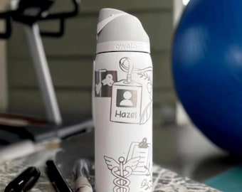Physical Therapy Custom Engraved 32oz Owala Water Bottle - Hand Drawn Design and Name