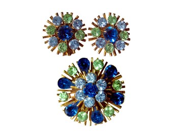 Atomic Rhinestone Pin and Earring Set - Vintage Jewelry - Jewelry Set - Womens Jewelry - Blue Rhinestone Brooch - Costume Jewelry