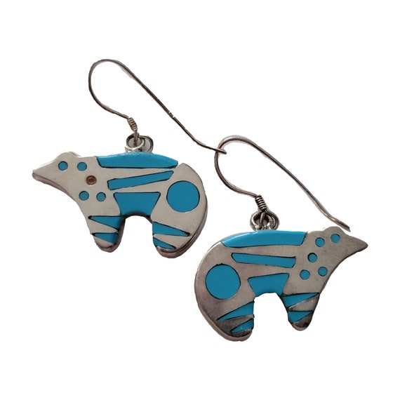 Turquoise & Sterling Bear Earrings, Dangle Earrin… - image 1