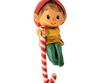 Hallmark Elf Stocking Hanger Candy Cane Stocking, Holiday Mantel Decor, Christmas Decor, Stocking Holder, Childs Gift, Hallmark Collectible