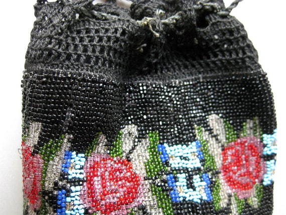 Beaded Red Rose Purse - Micro Bead Purse - Drawst… - image 4