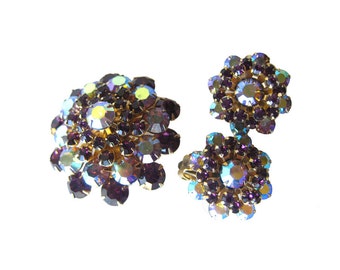 Weiss Amethyst Rhinestone Brooch and Earring Set - Costume Jewlery Pin - Costume Jewelry Earrings - Clip on Earrings