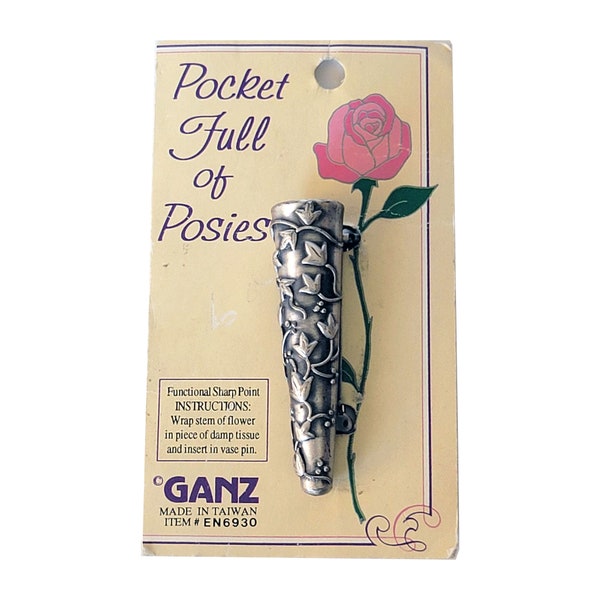 Vintage Pewter Tussy Mussy on Original Card Pocket Full Of Posies Lapel Pin For Live Flower Boutonniere, Grooms Gift, Best Man Gift, Poirot