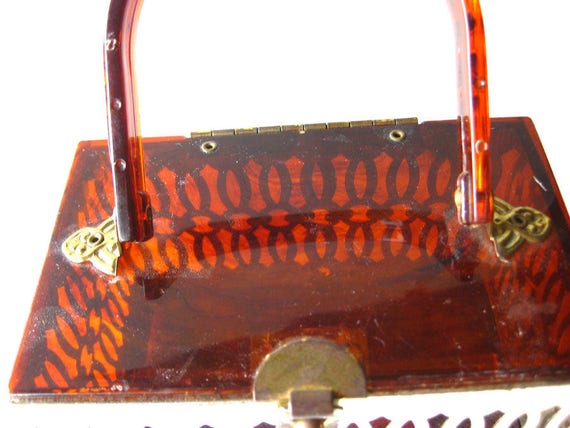 Childs Lucite Box Purse by Pamart in Gold with Ro… - image 2