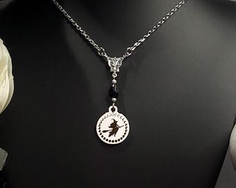 Witches Veil Black Spinel Rosary Necklace-Witchy Necklace-Witchy Jewelry-Moon Phases-Witch on Broom,Witch Necklace-Witch Jewelry-Spinel