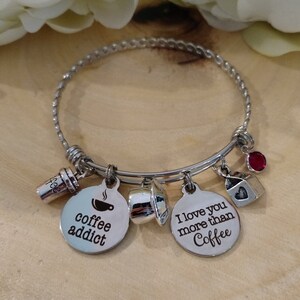 Stainless Steel Enchanted Bangle Charm Bracelet - Coffee Addict Bracelet,Charm Bracelet,Boho Jewley,Personalized Jewelry,Bangle Bracelet