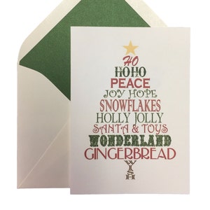 Carte d’arbre de Noël, boîte de 8 avec enveloppes lignées, mots de vacances, paix, cartes de vœux, papier cartonné lourd.  Art, 5X7