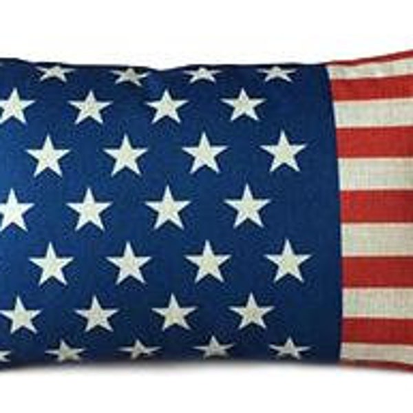 Stars & Stripes Pillow Cover, Cotton Linen Poly Blend, Decorative Pillows, Flag, USA, Home Decor, Cushion Cover, Red, Blue, 12" X 20"