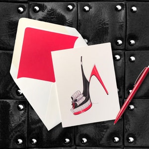 Carnets de correspondance, talons hauts, boîte de 8, intérieur vierges, enveloppes doublées, fashionista, chaussures, rouge, noir, a2 4,25 x 5,5 pouces
