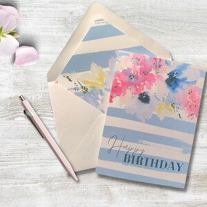 Carte de joyeux anniversaire personnalisable fleurs aquarelle, cartes de voeux, intérieur vierge, rayures, célébration, enveloppe avec lignes, taille 5 x 7 pouces A7
