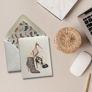 Cartes de correspondance avec talons hauts, boîte de 8 avec enveloppes lignées, chaussures, mode, or, brillant, métallique, cartes de voeux, cadeaux, 4,25 x 5,5 pouces