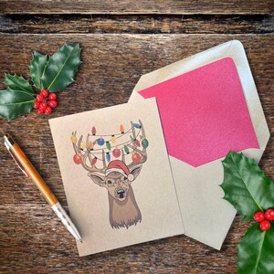 Cartes de Noël de rennes allumées, boîte de 8 avec enveloppes, drôles, cartes de vœux, vacances, joyeux joyeux, papier recyclé, taille 4,25" X 5,5"