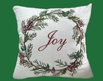 Embroidered Joy Wreath Pillow Cover, Christmas Holidays, Sofa, Red, Winter, Gifts Home Decor, Sofa Chair, Cushion Cover, Size 17.5 X 17.5"