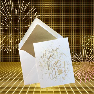 Cartões de Feliz Ano Novo 2026, Caixa com 8 envelopes pautados, Dourado, Brilhante, Metálico, Cartões de Saudação, Comemore, Janeiro, Presentes, 10,7 cm x 14,9 cm