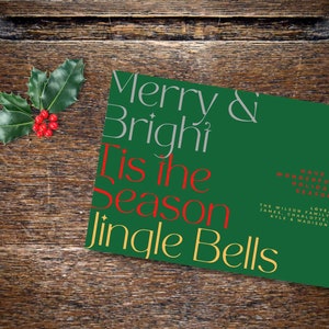 Cartes de voeux de Noël personnalisées, Boîte de 10 avec enveloppes lignées, Joyeux et lumineux, C'est la saison, Jingle Bells, Taille 5 x 7 po, A7