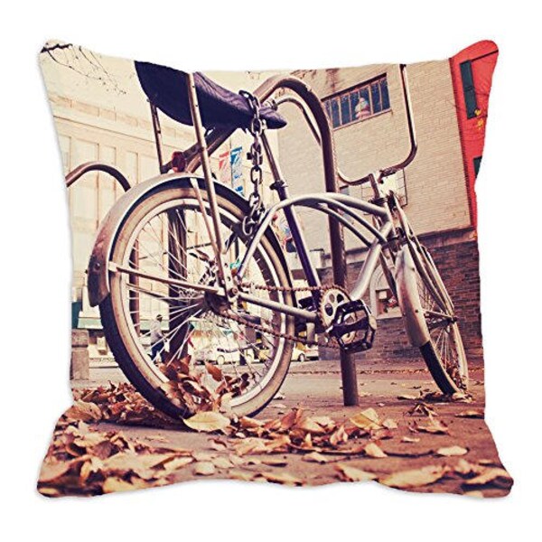 Bicycle Pillow Cover, Satin Poly Blend, Decorative Pillows, Bike, Wheels, Home Decor, Cushion Cover, 16" X 16"