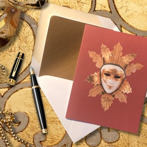 Carte de note vierge de masque vénitien, Mardi Gras, Venise Italie, Mascarade, Or, Carnaval, Fête, Célébrer, Cadeaux, Orné, Taille 4,25" X 5,5" A2