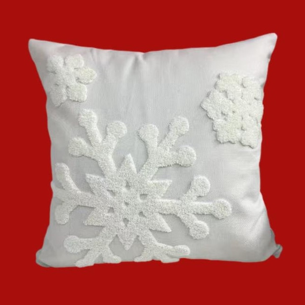 Snowflake Pillow Cover, Christmas Holidays, Santa Claus, Sofa, White, Winter, Gifts Home Decor, Sofa Chair, Cushion Cover, Size 17.5 X 17.5"