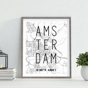 AMSTERDAM Map Printable Wall Art, Home Wall Decor, Signs, Digital Download, Gifts, Holland The Netherlands, Latitude Longitude, Atlas
