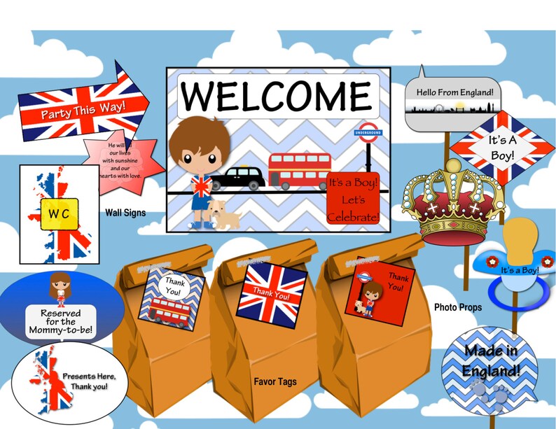 England London Themed Baby Boy Shower Printable Party Package Etsy