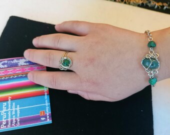 Bagues avec gaine métallique en pierre malachite