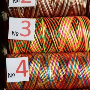 May include: Five spools of colorful embroidery floss, each labeled with a number from 1 to 5. The floss is arranged in a box with a blue and white patterned background.
