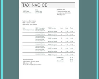 NDIS Invoice Editable Template containing drop down menu detailing provider descriptions and numbers.