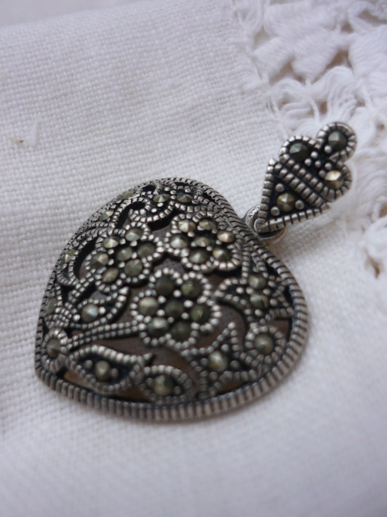 Marcasite Floral Filigree Heart Pendant