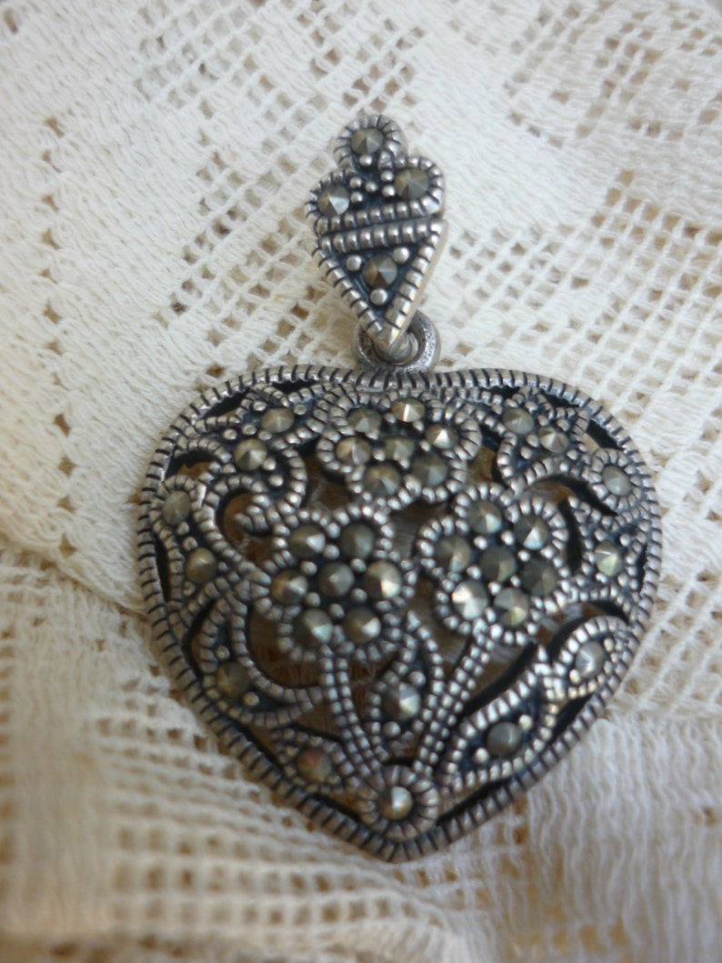 Marcasite Floral Filigree Heart Pendant