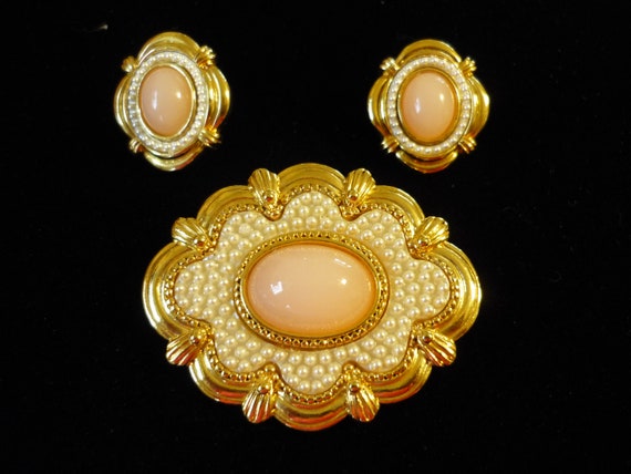 Victorian Revival Gold tone Brooch and Earring Set - image 1
