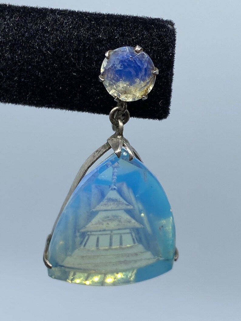 Vintage Pagoda Intaglio Drop Dangle Asian Oriental Jewelry Sterling Earrings