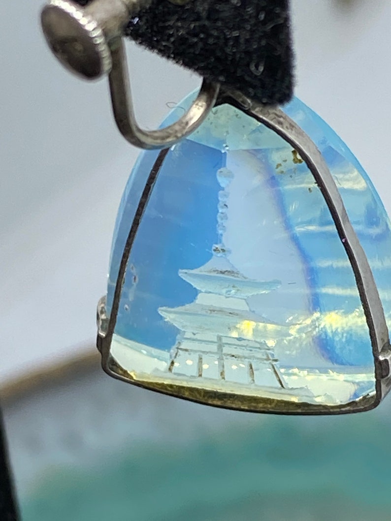 Vintage Pagoda Intaglio Drop Dangle Asian Oriental Jewelry Sterling Earrings