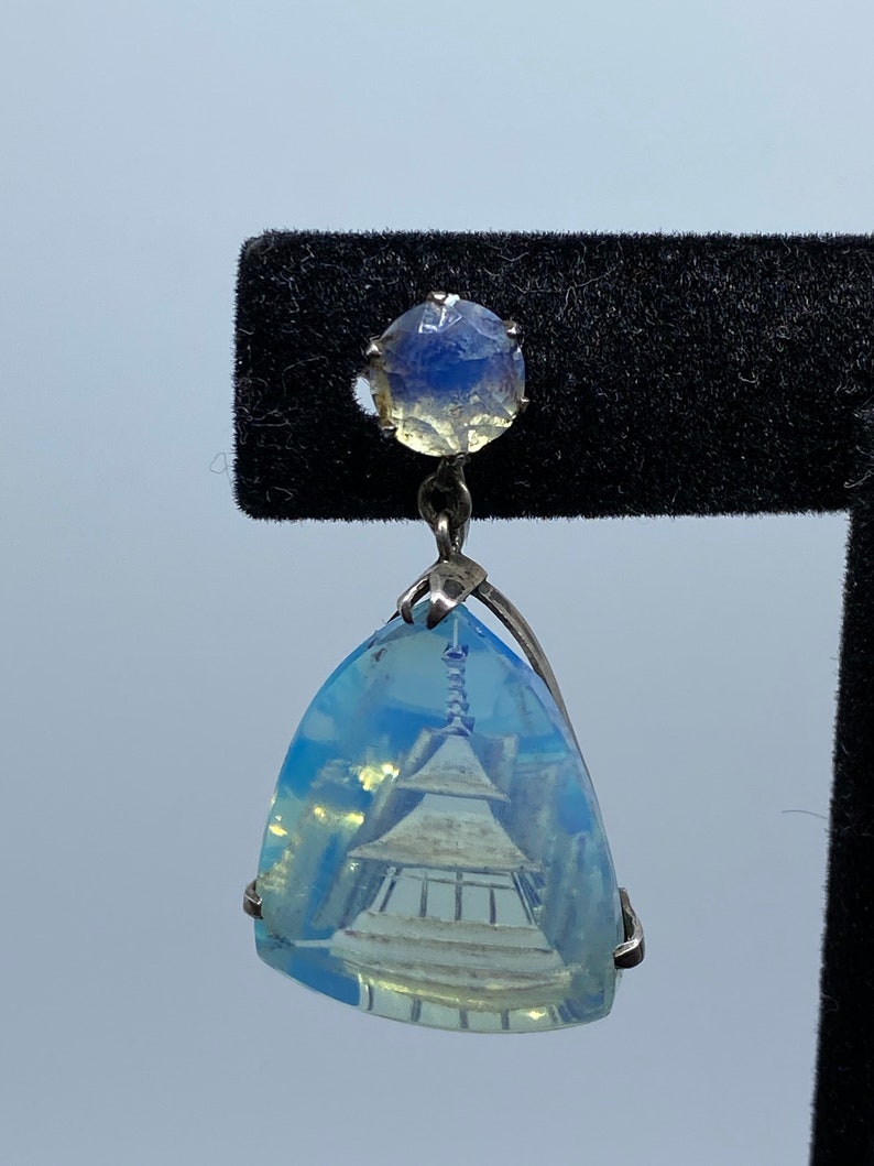 Vintage Pagoda Intaglio Drop Dangle Asian Oriental Jewelry Sterling Earrings