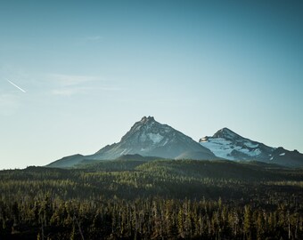 May include: A mountain range with snow-capped peaks rises above a dense forest of evergreen trees. The sky is a clear blue with a faint white contrail.