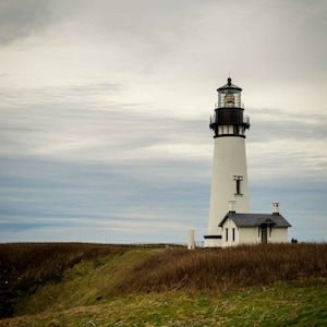 May include: A white lighthouse with a black roof and a black lantern room stands on a grassy hill against a cloudy sky.