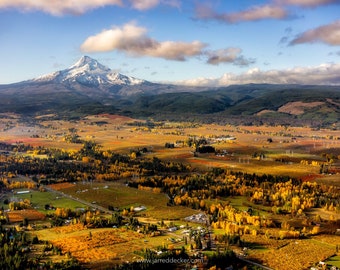 May include: An aerial view of a valley with a snow-capped mountain in the background. The valley is covered in autumn foliage, with trees in shades of yellow, orange, and red. There are also some green trees and fields in the valley.