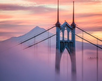 St Johns Bridge Photo | Portland Oregon | Mt Hood | Sunrise | Fine Art | Pacific Northwest | Oregon Photography | Wall Decor | Urban