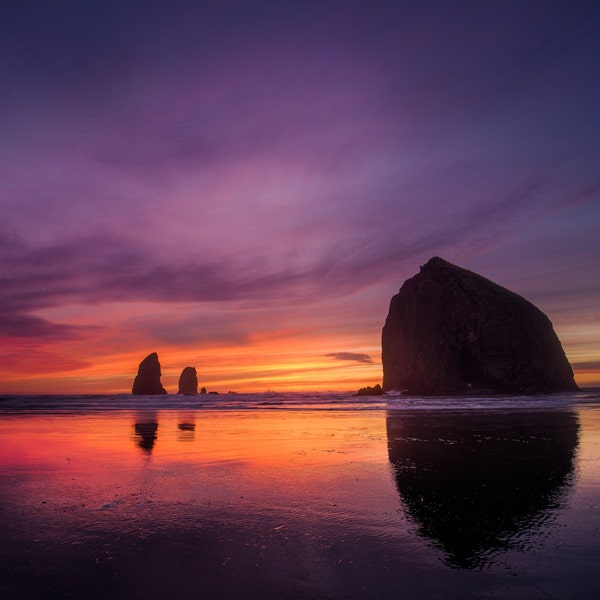 Oregon Coast Sunset Photography, Cannon Beach, Haystack Rock, Canvas, Pacific Northwest, Wall Decor, Fine Art, Oregon Landscape Photography