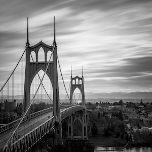 Portland Oregon, St Johns, Moody, Fine Art, Pacific Northwest, Landscape Photograph, Wall Art, Black and White, Sunset, Portland, Cityscape
