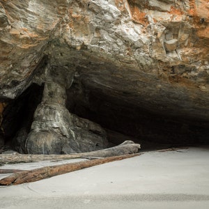May include: A dark cave opening with a sandy beach in front. A large, weathered log lies in the foreground.