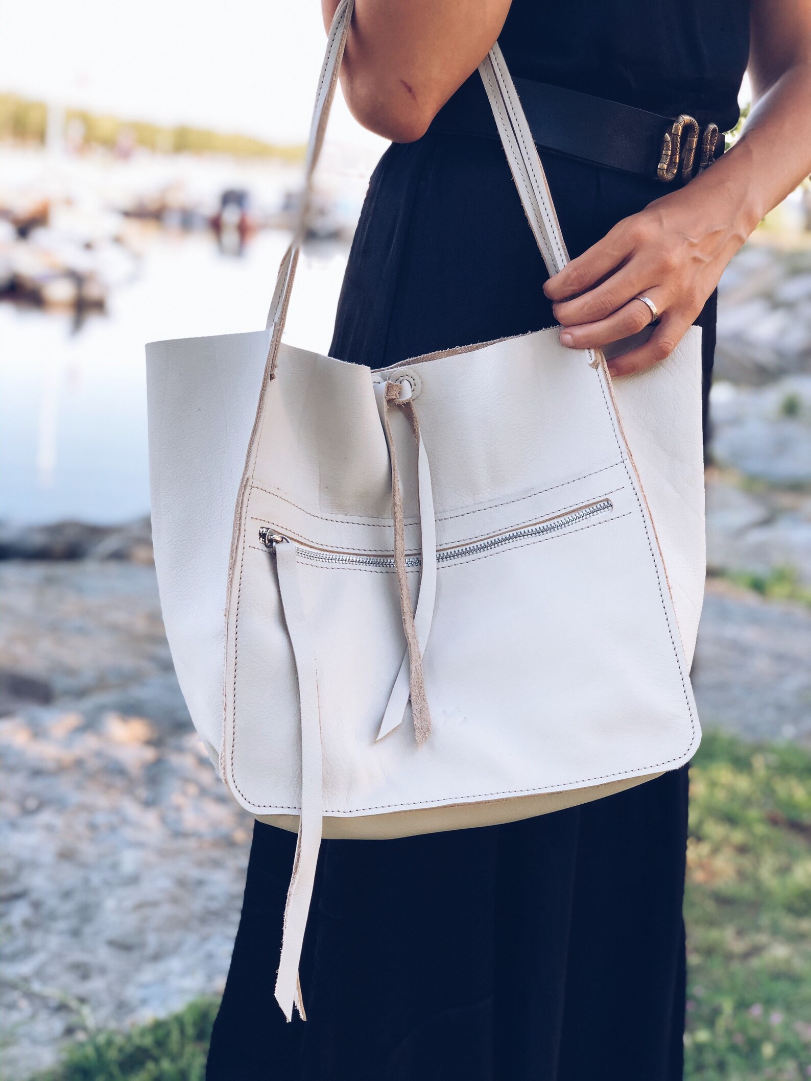 White leather handmade tote bag / leather shopper bag / white Etsy