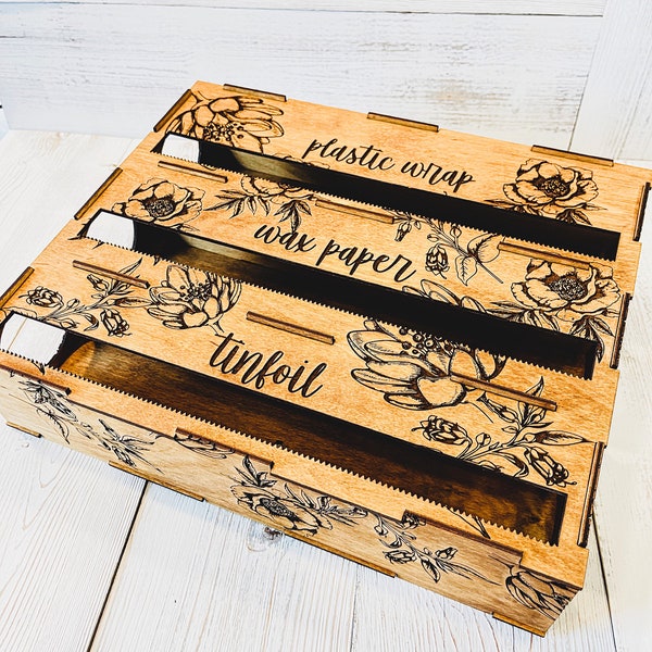 Fully Assembled Personalized Floral Laser Cut and Engraved Wax/Plastic Wrap/Tinfoil Organizer