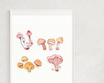 A Collection of Mushrooms - Watercolor Painting Fine Art Paper Print