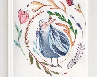 Folk Art Bird - Floral, Folk Art, Colorful, and Whimsical Bird Fine Art Print - Home Decor, Dorm, Apartment