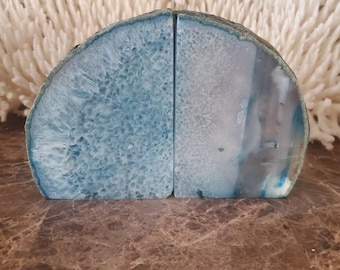 Teal Blue Agate Bookends: Polished Geode Crystal Decor